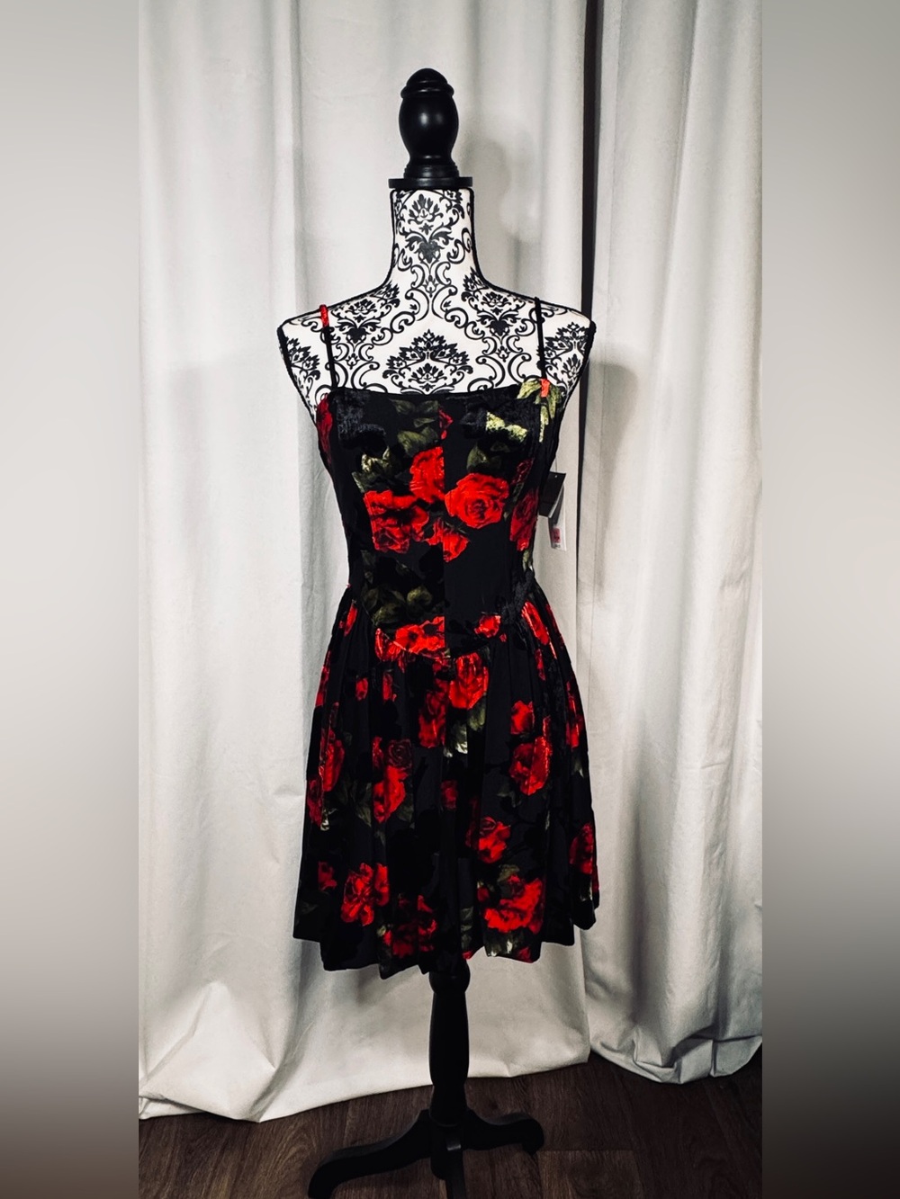 I.N. San Francisco Black Mini Dress with Red Rose Print